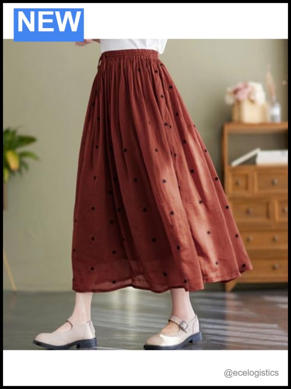 Women's Polka Dot A-Line Midi Skirt Cotton Pleated Boho Swing - Picture 4 of 5